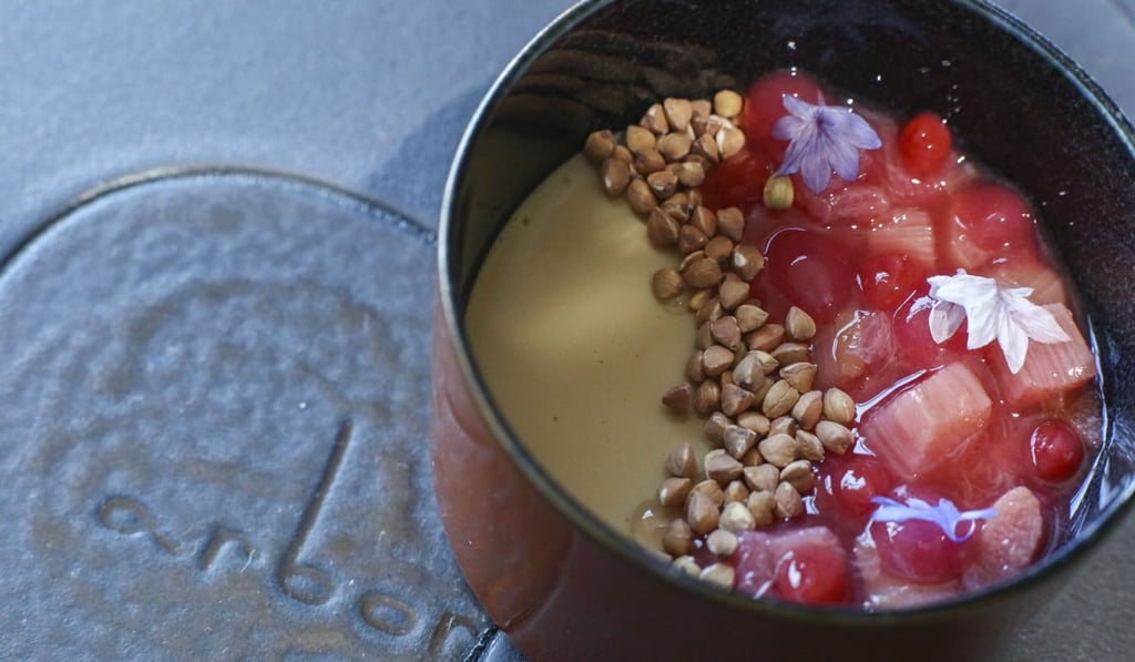 Foie gras custard with rhubarb and Sauternes jelly and buckwheat. Photo: Edmond So