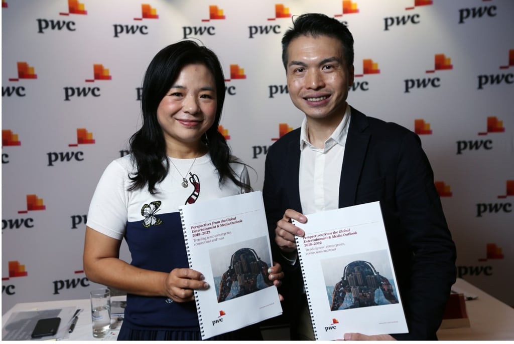Cecilia Yau, PwC’s head of Hong Kong entertainment and media sector and Wilson Chow, head of global technology, media and telecommunications at PwC, release the Global Entertainment & Media Outlook report on Wednesday. Photo: Xiaomei Chen