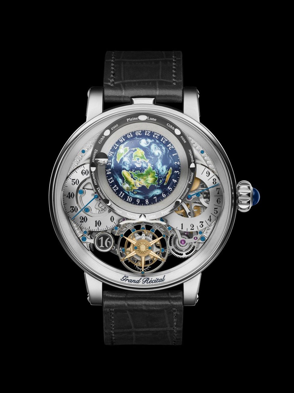 Bovet. The Récital 22 Grand Récital features the sun, the earth and the moon on its dial and a full perpetual calendar display with indications of the week, the month, and the date on its back, HK$3.77 million