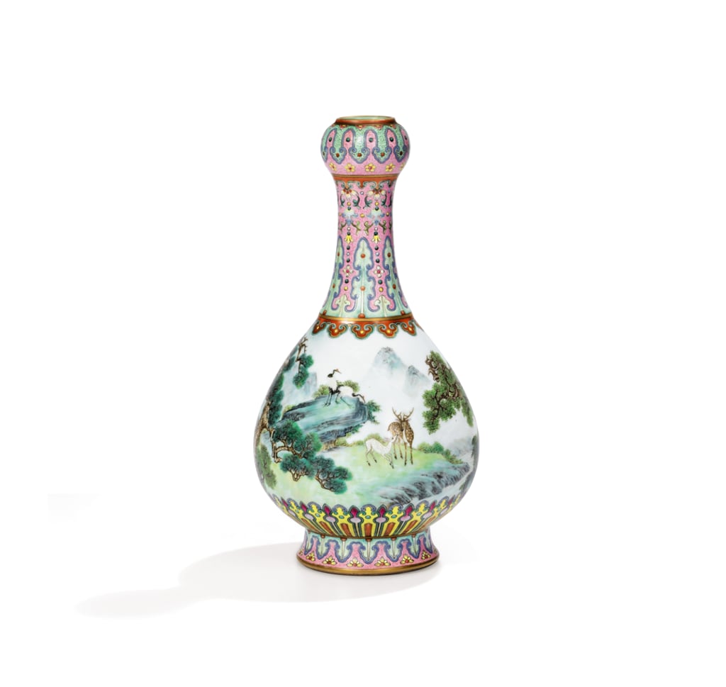 The Chinese yangcai vase, showing cranes and deer, which will be auctioned on June 12 by Sotheby's in Paris