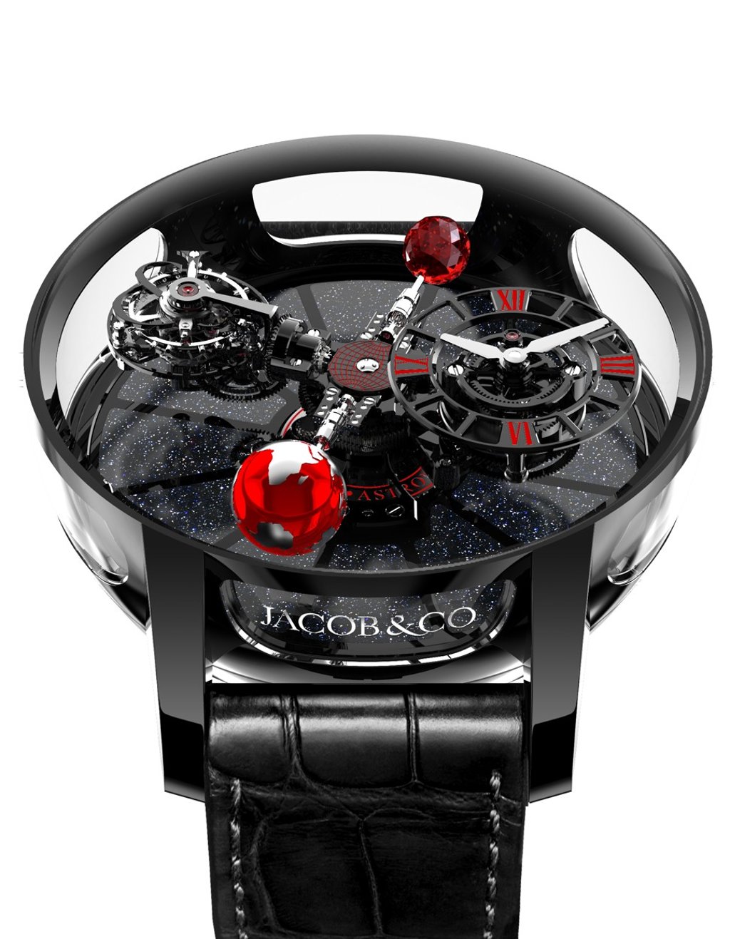 Jacob & Co. The Astronomia Black Ceramic timepiece includes a sculpture of Mars that circles on the dial as well as a Jacob-cut rubellite on a star-studded aventurine background. Price on request