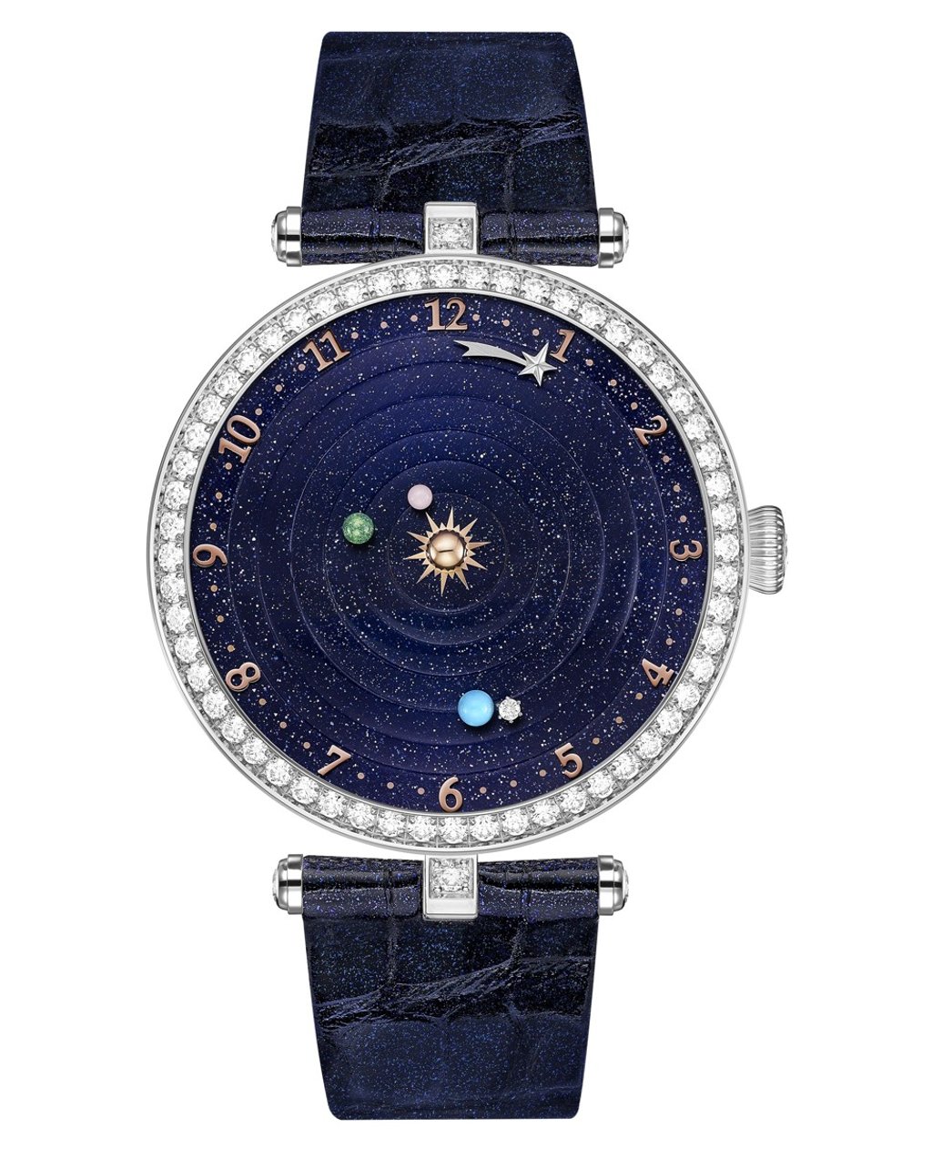Van Cleef & Arpels. The Lady Arpels Planétarium watch is equipped with a planetarium module and adorned with diamonds and ornamental stones that complement its blue glitter alligator strap. Price on request