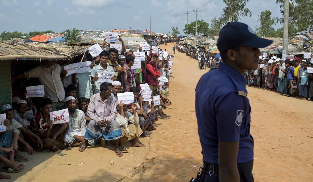 Rohingya refugees await the arrival of a UN Security Council team at the Kutupalong refugee camp in Bangladesh in April. Photo: AP Rohingya refugees await the arrival of a UN Security Council team at the Kutupalong refugee camp in Bangladesh in April. Photo: AP