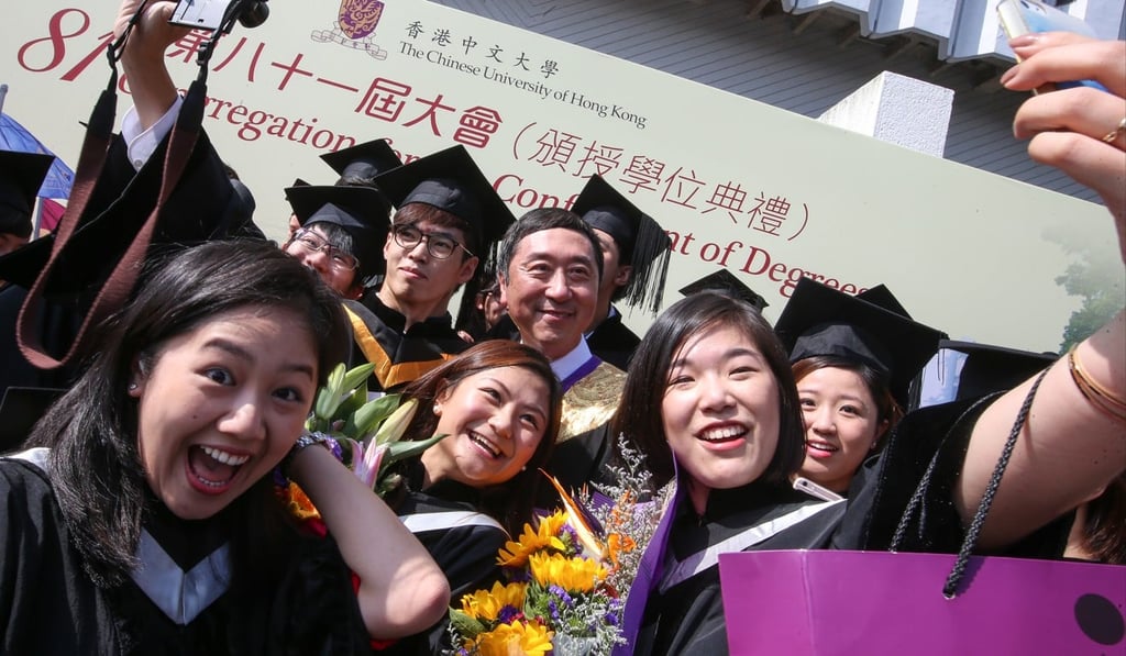Students of the Chinese University of Hong Kong take selfies with then vice chancellor Joseph Sung Jao-yiu in 2016. Photo: SCMP / David Wong