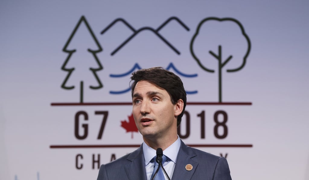 Justin Trudeau, Canada's prime minister, speaks during the closing press conference of the Group of Seven Leaders Summit in La Malbaie, Quebec, Canada, on Saturday. Photo: Bloomberg Justin Trudeau, Canada's prime minister, speaks during the closing press conference of the Group of Seven Leaders Summit in La Malbaie, Quebec, Canada, on Saturday. Photo: Bloomberg