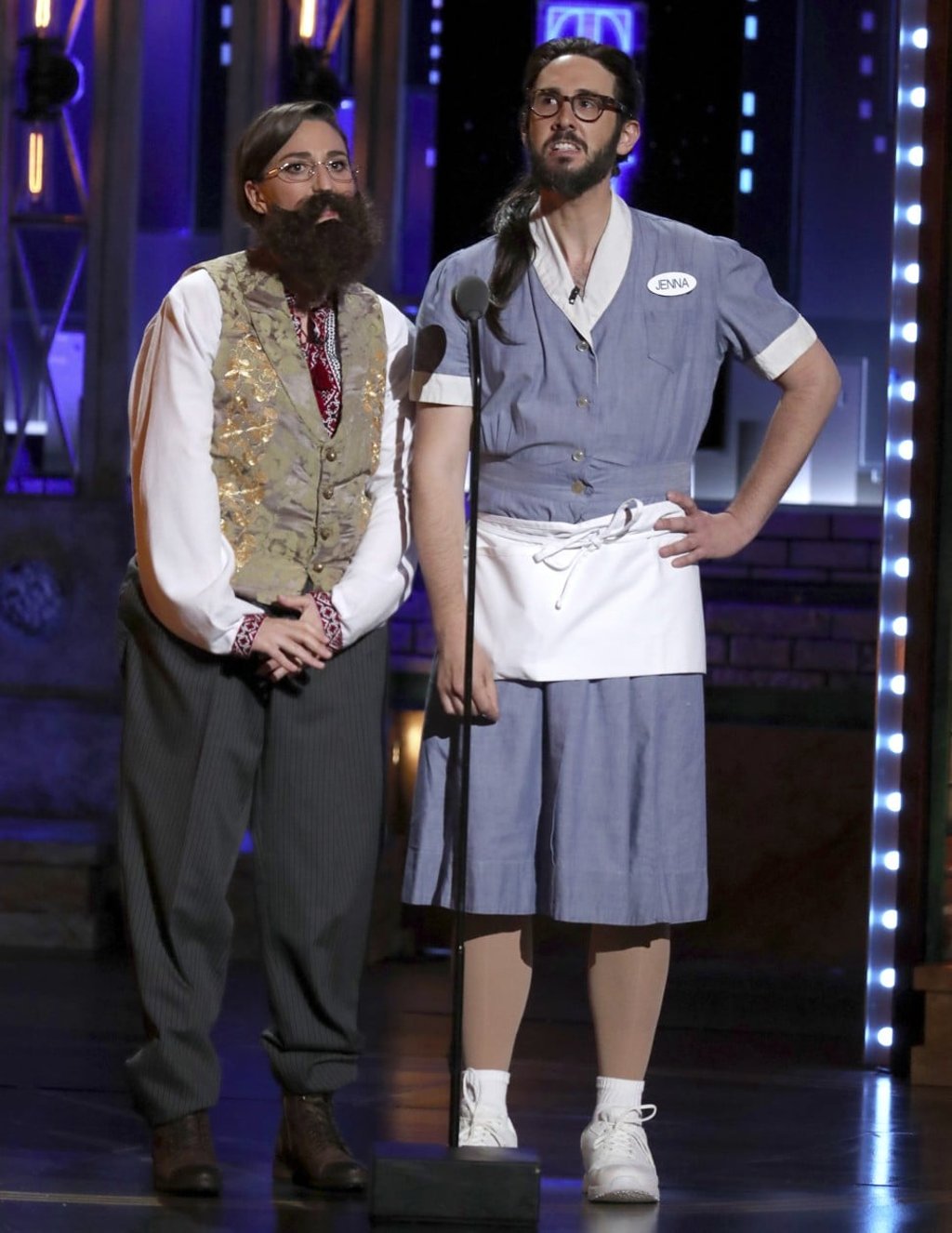 Co-hosts Sara Bareilles (left), and Josh Groban dress as each other at Sunday’s Tony Awards. Groban dressed as Bareilles’ character in ‘The Waitress’ and Bareilles as Groban’s in ‘Natasha, Pierre and the Great Comet of 1812’. Photo AP