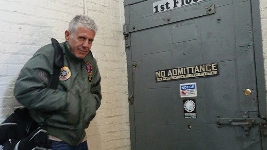 Bourdain waits outside a gym in New York. Photo: Parts Unknown Medium blog