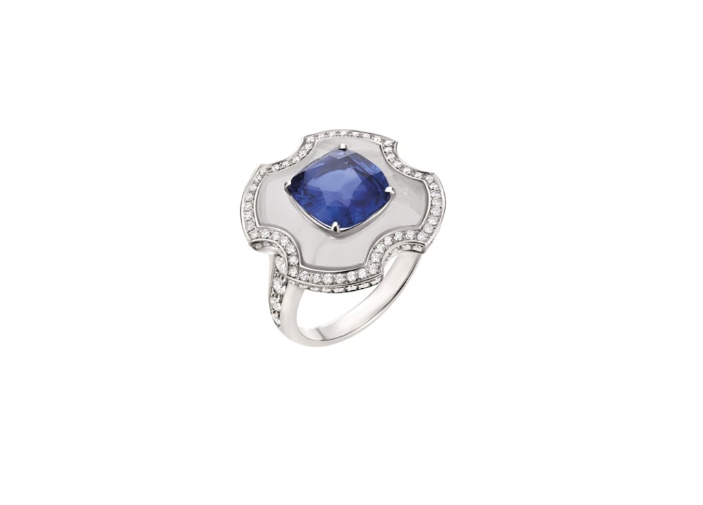 Bulgari. The Festa delle Principesse ring in platinum with rock crystals and a 3.59ct sapphire adds a graceful touch to any look. Price on request
