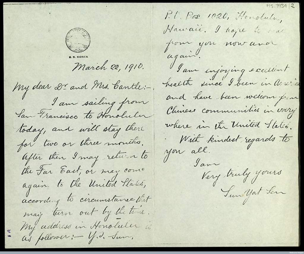 A letter from Sun Yat-sen to Scottish doctor James Cantlie and his wife. Cantlie co-founded the Hong Kong College of Medicine for Chinese, which later grew into the University of Hong Kong, and one of his first pupils at the college was Sun. Picture: Wellcome Library, London