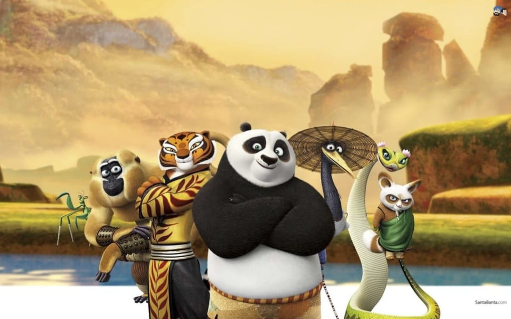 The cast of cartoon characters of Kung Fu Panda 3. including Viper (second right), voiced by Lucy Liu.Photo: DreamWorks Animation