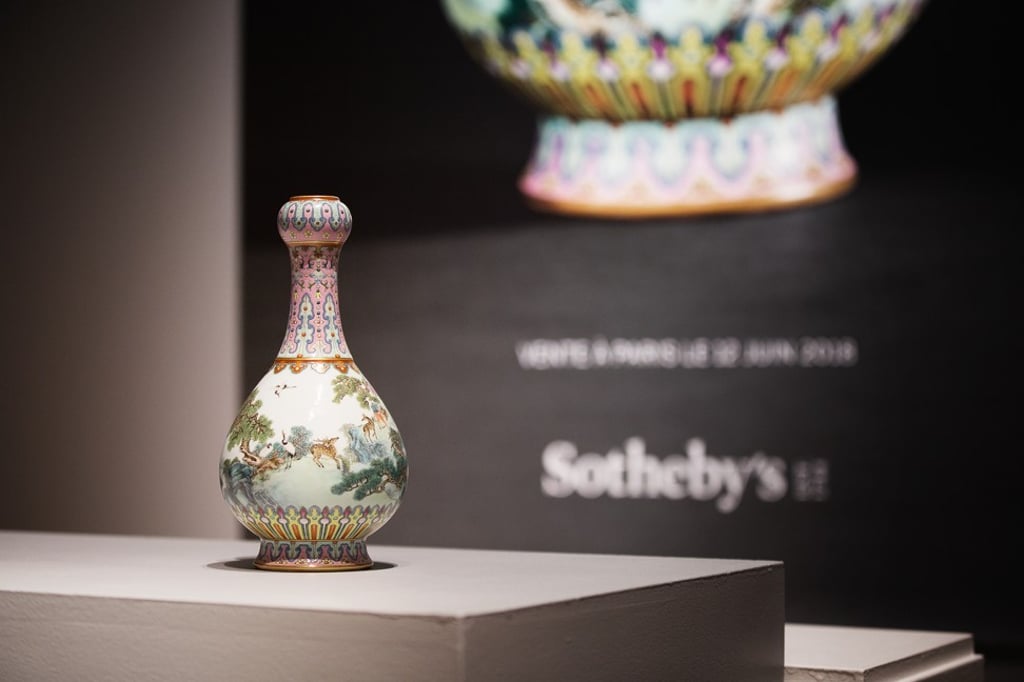 An Imperial ‘Yangcai Crane and Deer Ruyi Vase’ sold for €16.2 million at Sotheby’s spring sale of Asian Art.