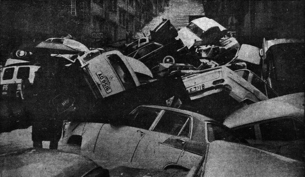 Cars piled up one after another in Ming Yuen Street West, North Point. Photo: SCMP