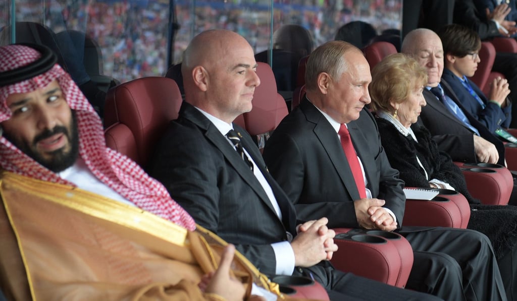 Saudi crown prince Mohammed bin Salman, Fifa president Gianni Infantino and Russian president Vladimir Putin watch the ceremony prior to the opening match of the Russia 2018 World Cup. Photo: AFP