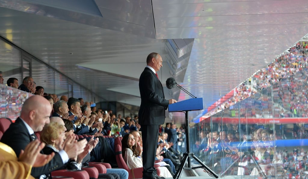 Russian President Vladimir Putin delivers a speech before the World Cup match between Russia and Saudi Arabia in Moscow on Thursday. Photo: AFP/Sputnik