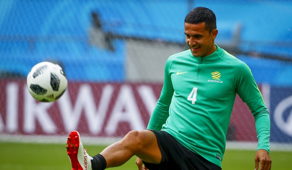 Australian national soccer team player Tim Cahill performs during his team's training session in Kazan. Photo: EPA