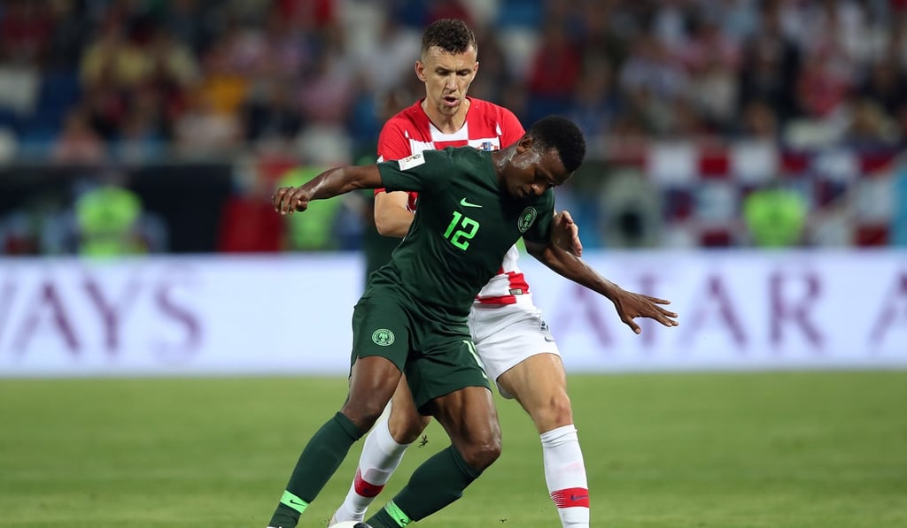 Ivan Perisic of Croatia (back) and Abdullahi Shehu of Nigeria in action during the Fifa World Cup on Saturday. Photo: EPA-EFE