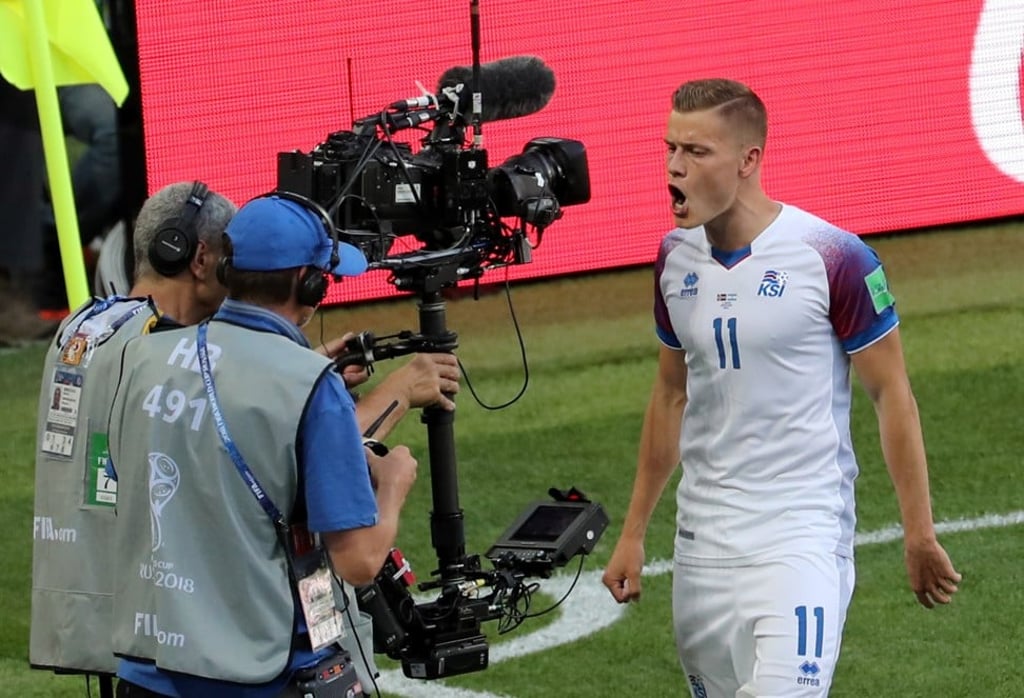 Alfred Finnbogason celebrates scoring Iceland’s equaliser. Photo: EPA