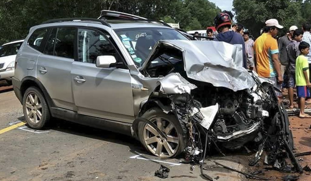 Cambodian Prince Norodom Ranariddh's car after the collision. Photo: EPA