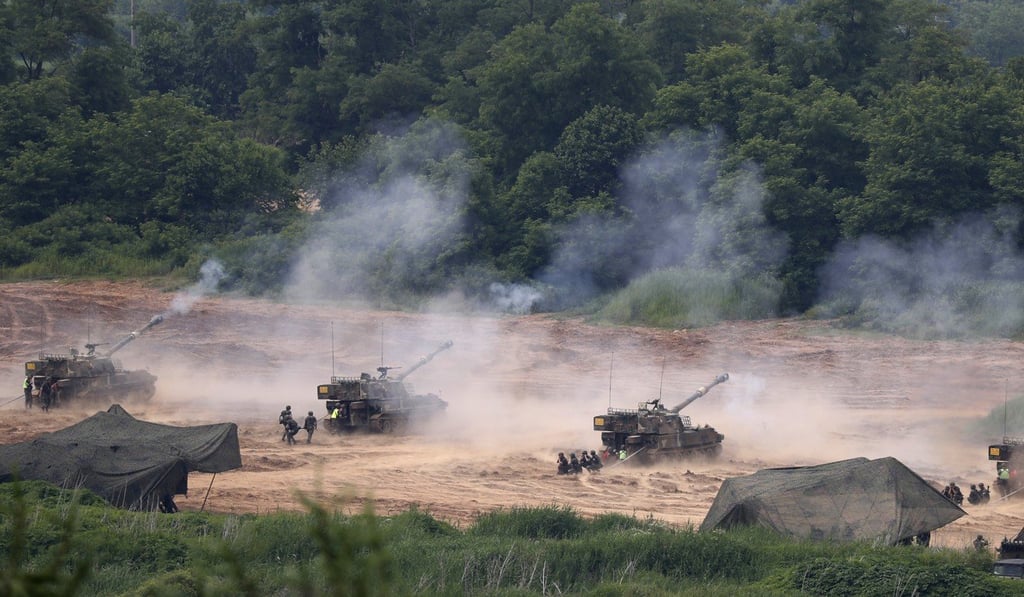South Korean K-55 self-propelled howitzers. File photo: EPA