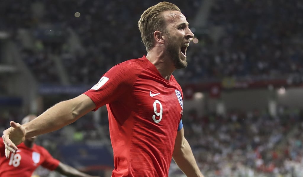 England's Harry Kane celebrates after scoring his side's second goal. Photo: AP
