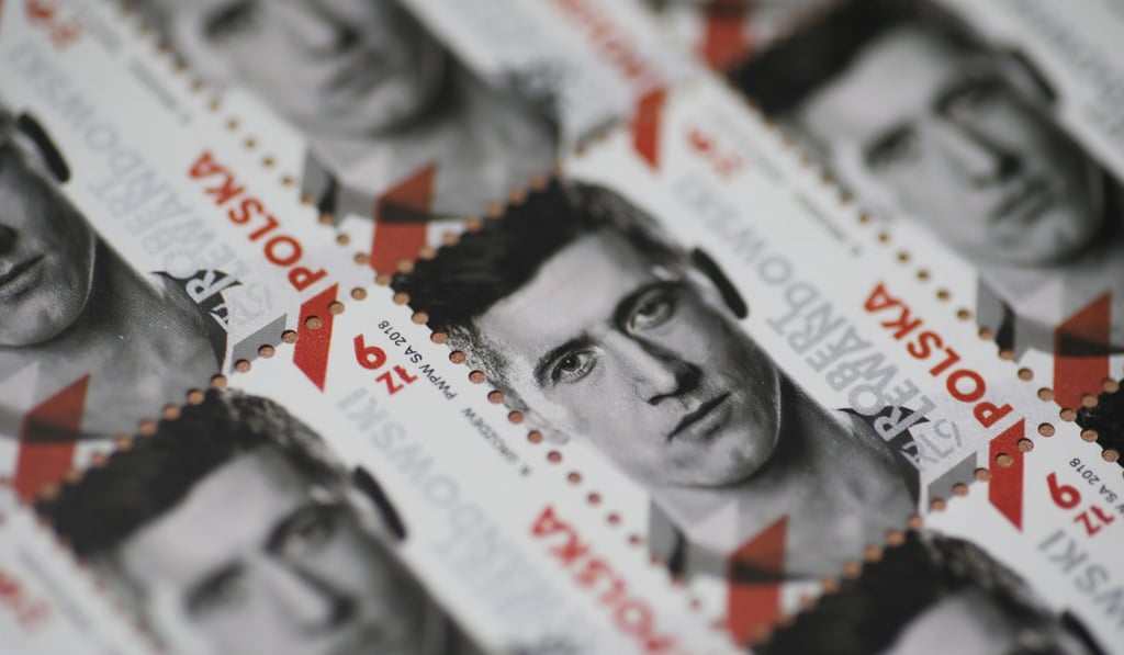 A Polish postage stamp with the image of Robert Lewandowski, the captain of the Poland national soccer team. Photo: EPA