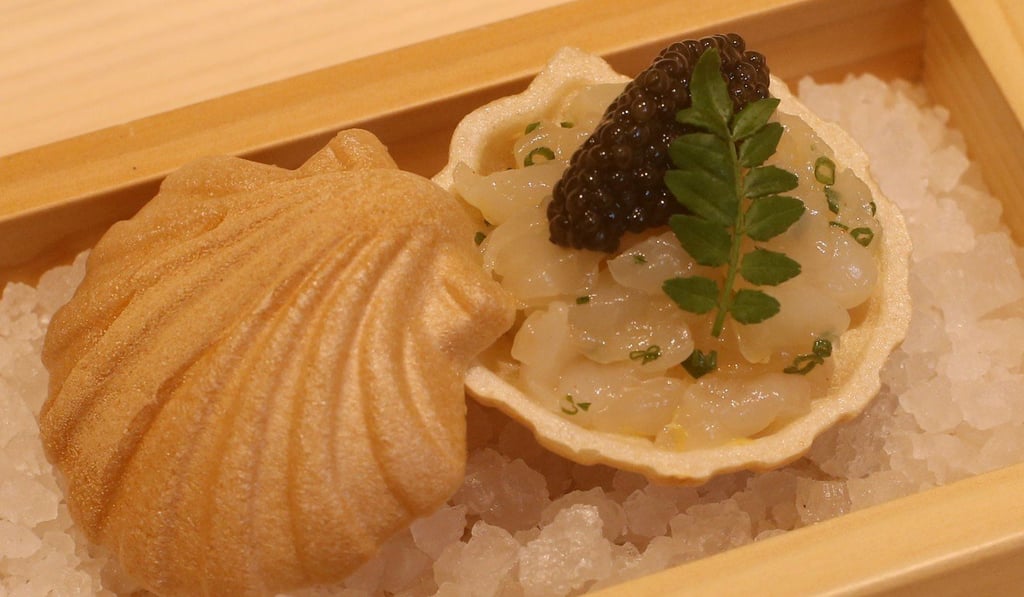 Waffle with scallop tartare and black caviar at Sushiyoshi. Photo: David Wong