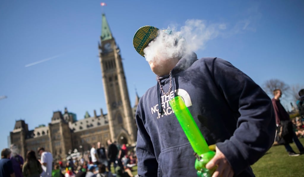 A pro-legalisation advocate smokes marijuana on Parliament Hill in Ottawa. Photo: Agence France-Presse A pro-legalisation advocate smokes marijuana on Parliament Hill in Ottawa. Photo: Agence France-Presse
