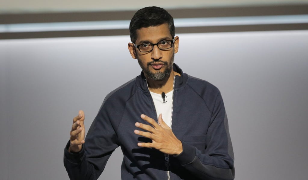 Sundar Pichai, chief executive officer of Google, speaks about his company’s improvements in artificial intelligence at a product launch event in San Francisco in October. Photo: AFP Sundar Pichai, chief executive officer of Google, speaks about his company’s improvements in artificial intelligence at a product launch event in San Francisco in October. Photo: AFP