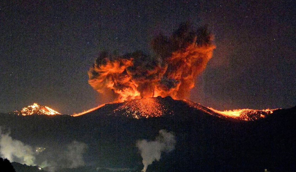 Mount Shimmoe erupts in March 2018. Photo: Kyodo