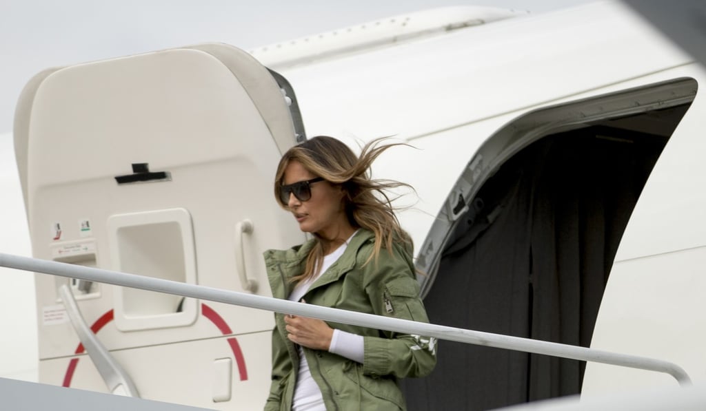 First lady Melania Trump arrives at Andrews Air Force Base on Thursday, after visiting the Upbring New Hope Children Center run by the Lutheran Social Services of the South in McAllen, Texas. Photo: AP