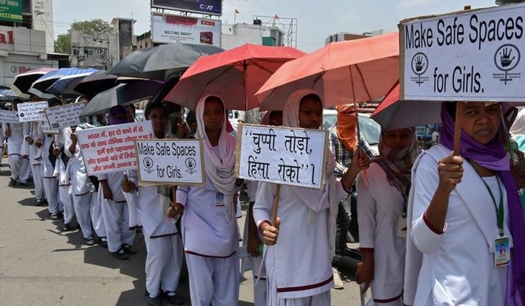 Schoolgirls holding signs take part in a protest rally against the rape of two teenage girls in Chatra and Pakur districts of eastern state of Jharkhand, India, last month. Photo: Reuters