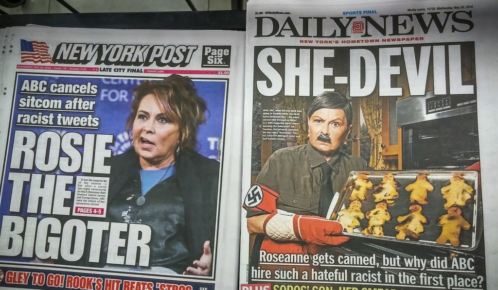Headlines of New York tabloid newspapers are seen on Wednesday, May 30, reporting on the cancellation by ABC of “Roseanne” because of racist comments made by the titular star Roseanne Barr. Photo: TNS Headlines of New York tabloid newspapers are seen on Wednesday, May 30, reporting on the cancellation by ABC of “Roseanne” because of racist comments made by the titular star Roseanne Barr. Photo: TNS