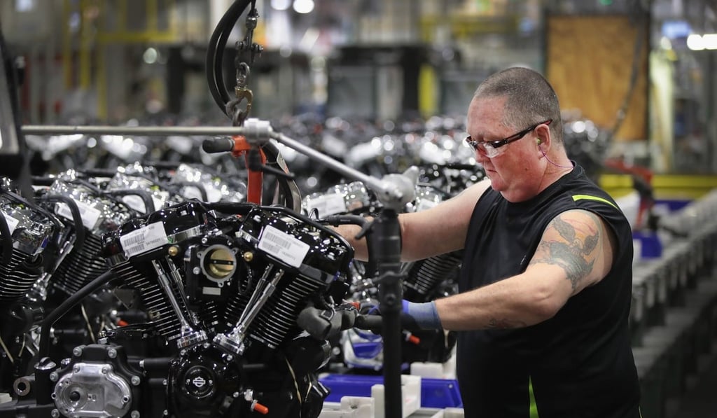 Harley-Davidson motorcycle engines are assembled at the company's Power-train Operations plant on June 1 in Menomonee Falls, Wisconsin. Photo: Agence France-Presse
