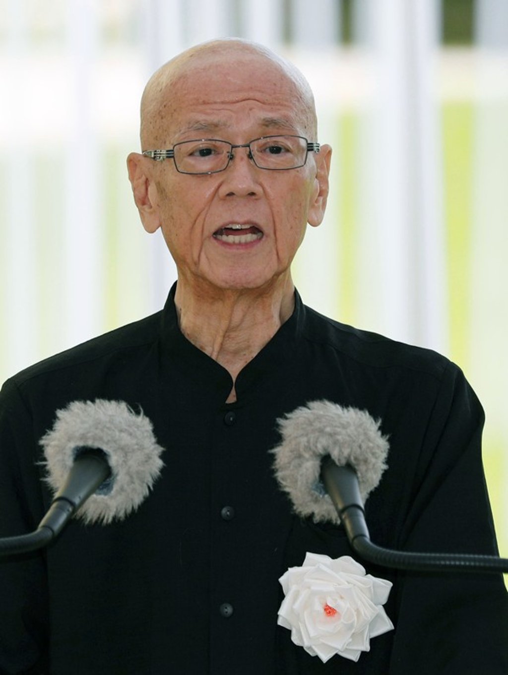Okinawa Governor Takeshi Onaga speaking at the 73rd anniversary of the end of the second world war. Photo: Kyodo