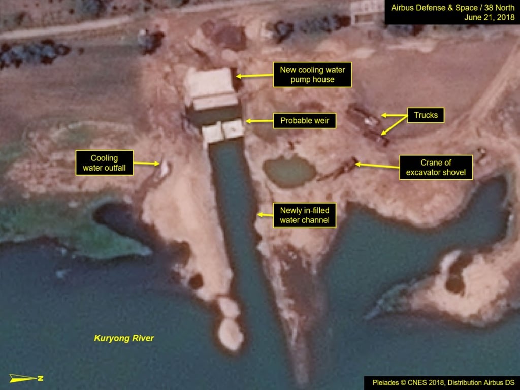 An image from 38 North shows a cooling water pump house and infilled water channel at the Yongbyon facility. Photo: Airbus Defense and Space/38 North An image from 38 North shows a cooling water pump house and infilled water channel at the Yongbyon facility. Photo: Airbus Defense and Space/38 North