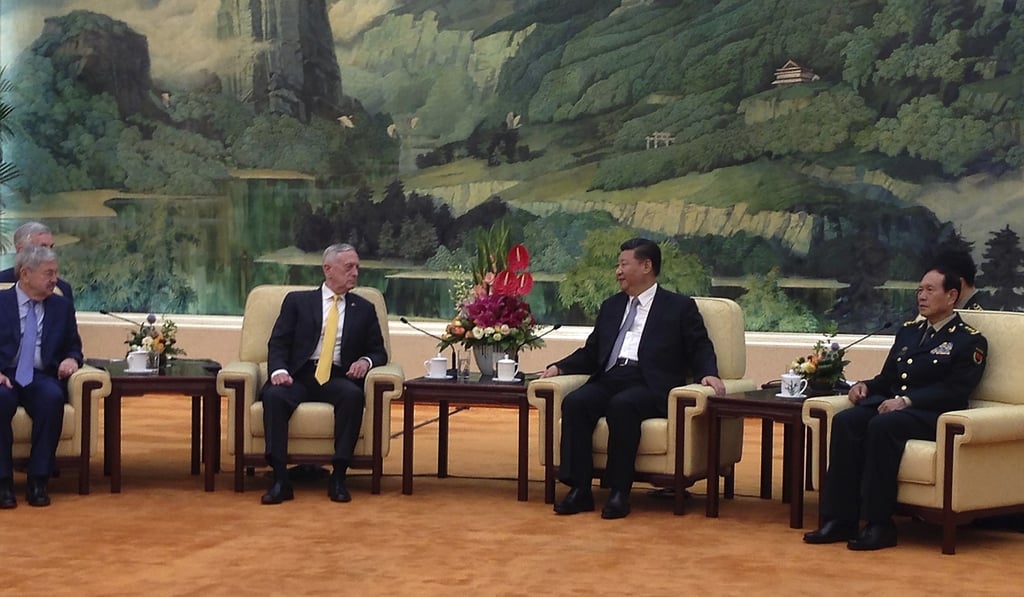 Jim Mattis, second from left, alongside Chinese President Xi Jinping, was making his first trip to China and the first visit by a US defence chief since 2014. Photo: AP Jim Mattis, second from left, alongside Chinese President Xi Jinping, was making his first trip to China and the first visit by a US defence chief since 2014. Photo: AP