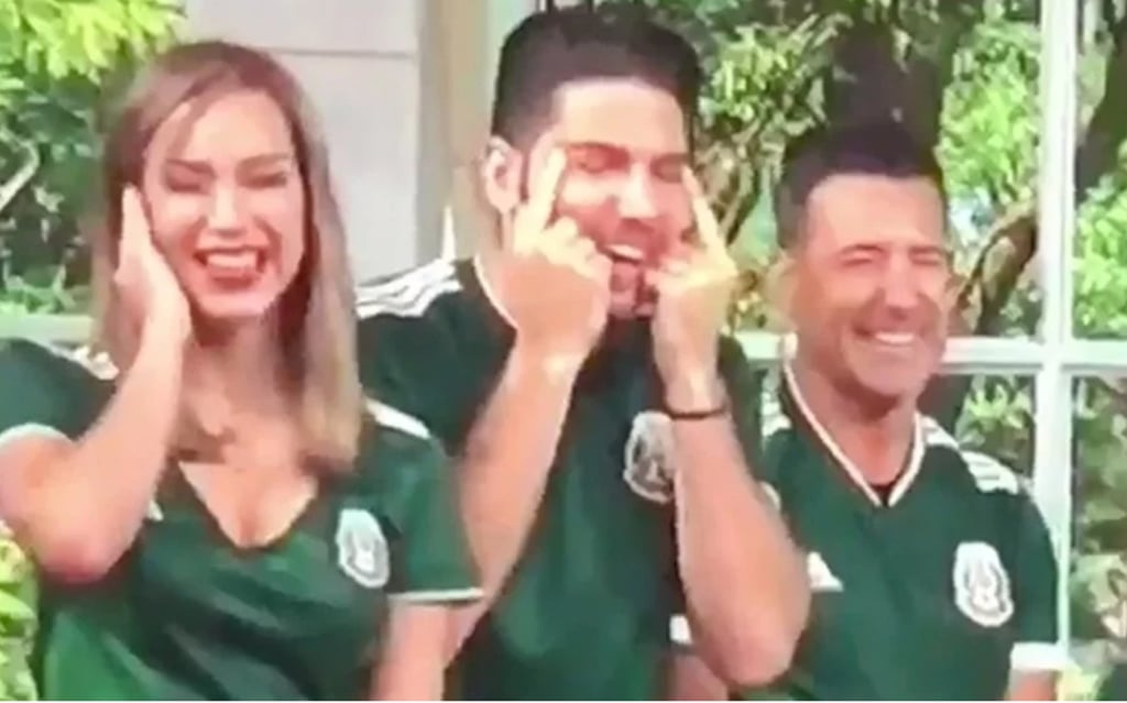James Tahhan (centre) and Janice Bencosme (left), co-presenters of Telemundo’s morning show Un Nuevo Día, use their fingers to narrow their eyes amid the on-set celebration of South Korea's 2-0 win over Germany. Photo: Telemundo