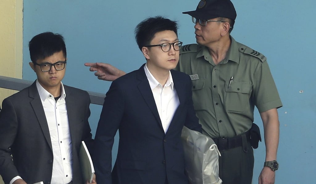 Edward Leung (centre) was jailed for six years on June 11 for his involvement in the Mong Kok riot in February 2016. Co-defendant Lo Kin-man (left), got seven years. Photo: Robert Ng