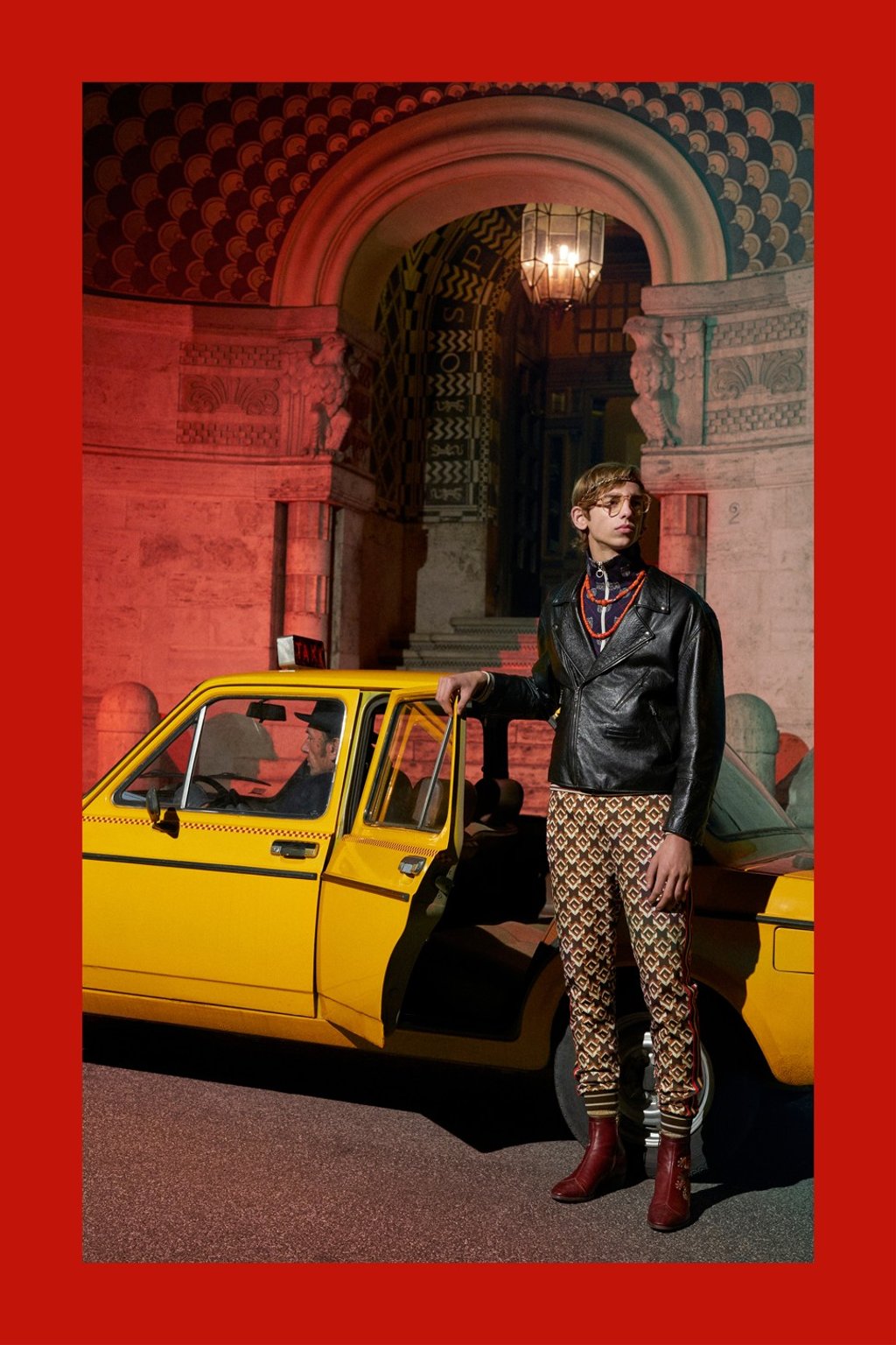 A look from Gucci’s pre-autumn 2018-19 collection that matches a leather jacket with print trousers A look from Gucci’s pre-autumn 2018-19 collection that matches a leather jacket with print trousers