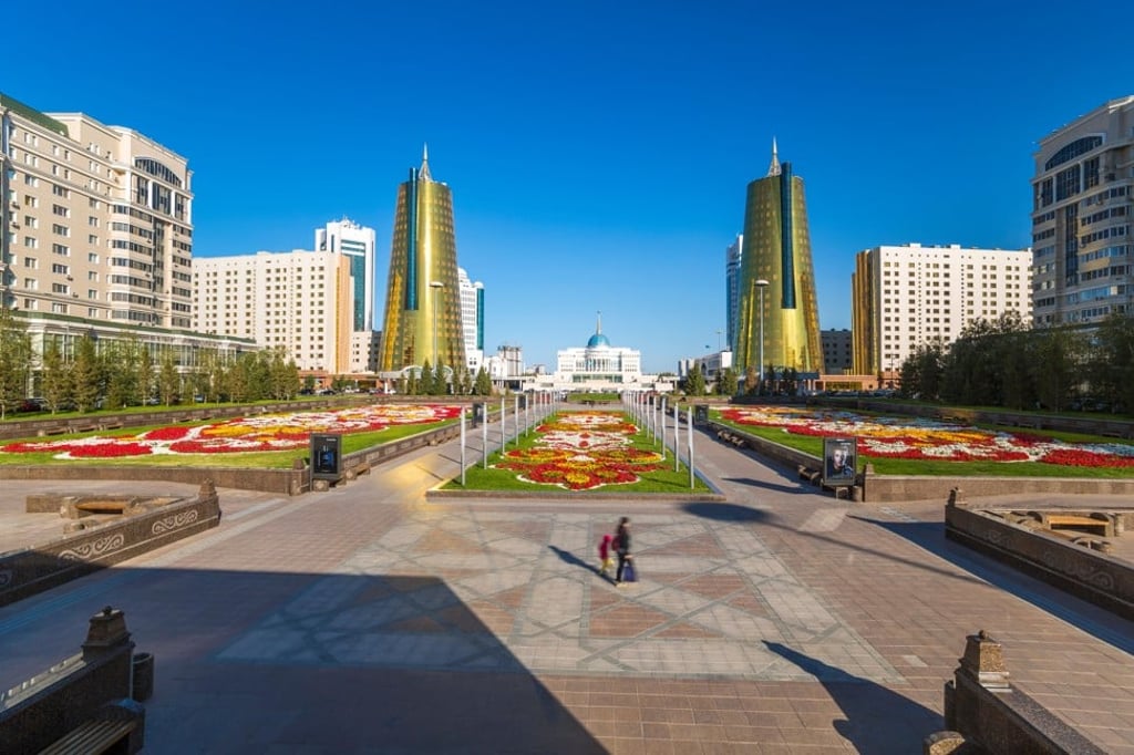 The twin golden conical business centres in Astana. Photo: Alamy