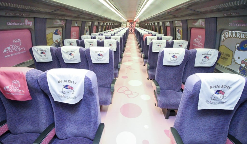 Interior of a Shinkansen train adorned with images of popular character Hello Kitty. Photo: AFP Interior of a Shinkansen train adorned with images of popular character Hello Kitty. Photo: AFP