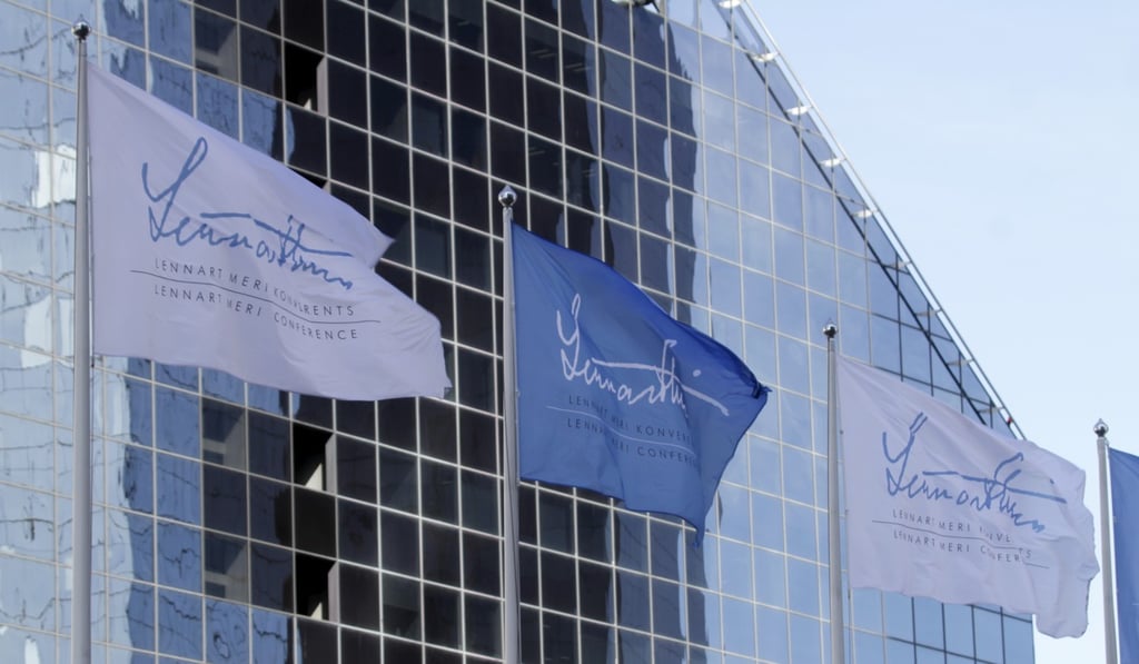 A view of flags flying opposite the Radisson Blu Sky Hotel during the 12th edition of the Lennart Meri Conference in Tallinn, Estonia, on June 1. Photo: EPA-EFE