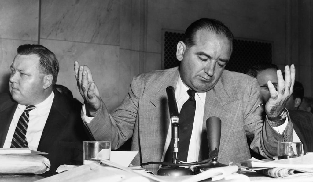 Senator Joseph McCarthy (right) with an aide during the anti-communist Army-McCarthy hearings. Picture: Alamy