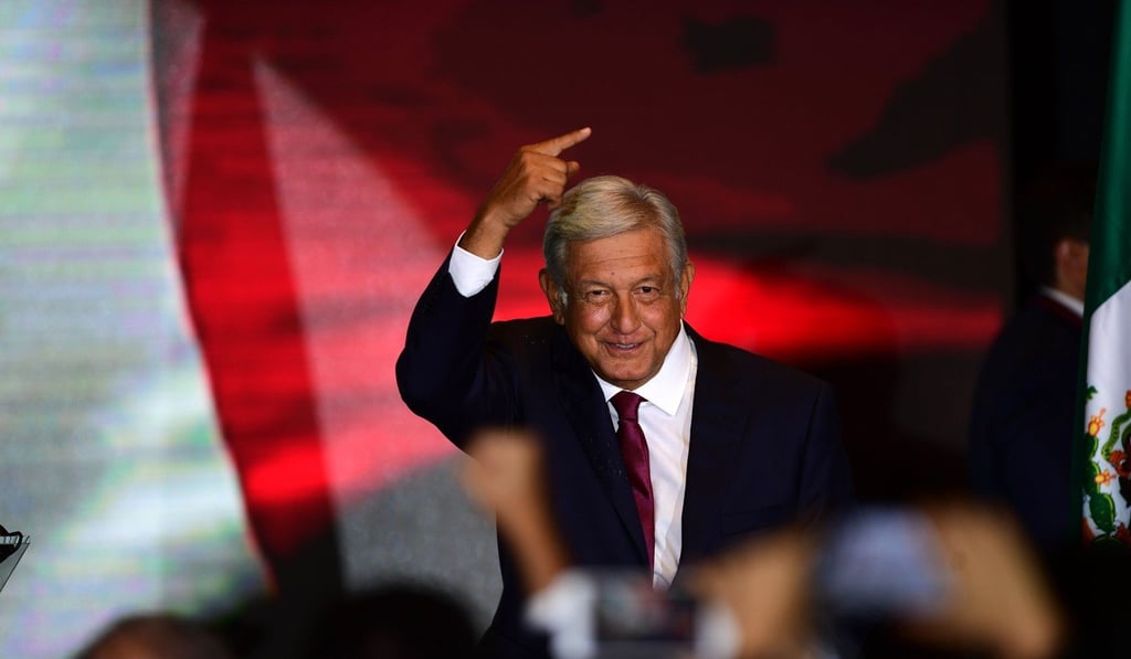Andres Manuel Lopez Obrador greets supporters at a hotel in Mexico City on Sunday after winning Sunday’s presidential election. Photo: Agence France-Presse