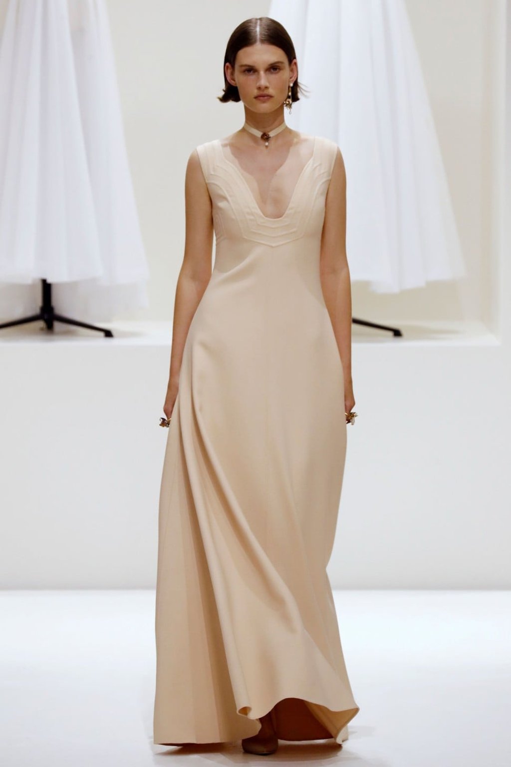 A simple nude gown from Dior’s latest collection. Photo: AFP