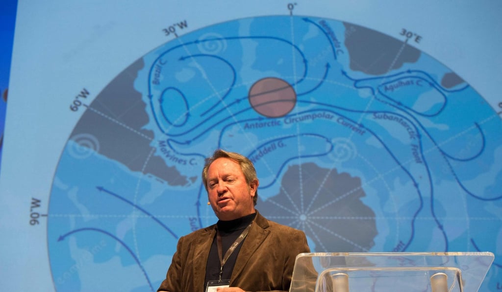 Nick Sloane, a 56-year-old Zambian-South African salvage expert, makes a presentation at the African Utility Week conference on May 16, showing how an iceberg might be towed to Cape Town to alleviate the drought affecting the region. Photo: Agence France-Presse Nick Sloane, a 56-year-old Zambian-South African salvage expert, makes a presentation at the African Utility Week conference on May 16, showing how an iceberg might be towed to Cape Town to alleviate the drought affecting the region. Photo: Agence France-Presse