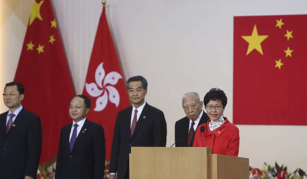 Chief Executive Carrie Lam speaks during a reception to mark the 21st anniversary of Hong Kong’s return to Chinese rule. Photo: Winson Wong