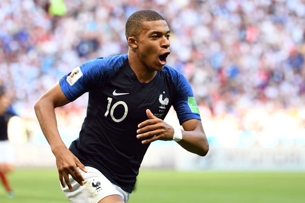 Kylian Mbappe celebrates after scoring France’s third goal against Argentina. Photo: AFP