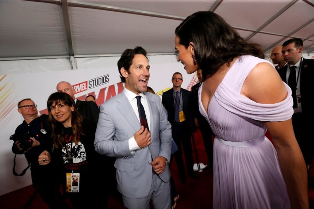 Paul Rudd (left), who plays Ant-Man, and co-star Hannah John-Kamen, who plays Ghost, chat at the Los Angeles premiere of the film ‘Ant-Man and The Wasp’. Photo: Reuters