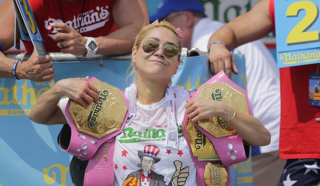 Miki Sudo celebrates after winning the women's annual Nathan's Hot Dog Eating Contest on July 4 at Coney Island. Photo: Agence France-Presse